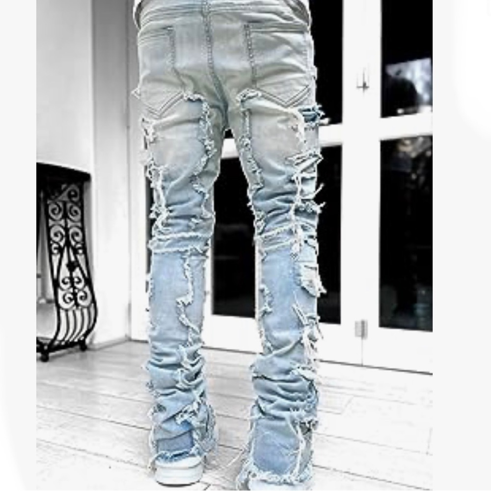 Light Blue Jean Stacked Jeans Men Skinny Ripped Slim Fit Denim Pants Emo Hip Hop - Picture 2 of 3